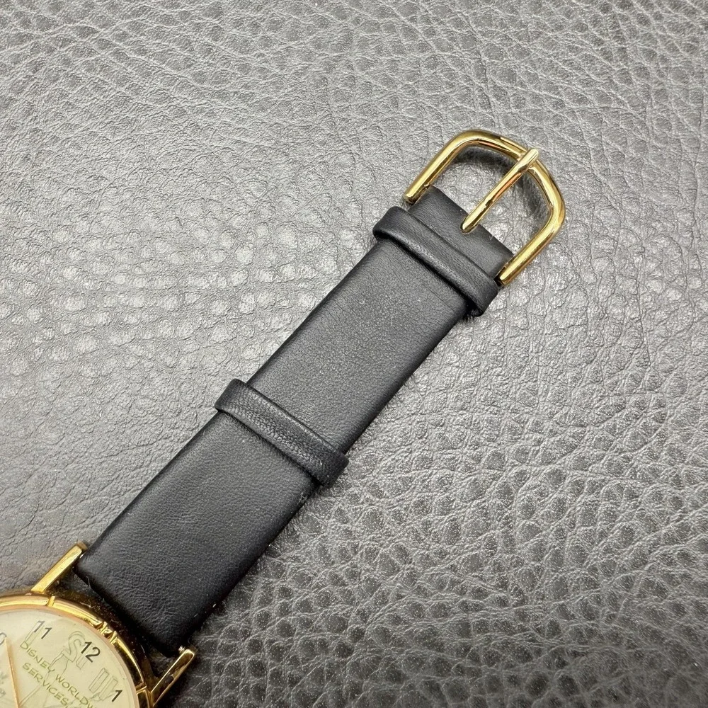 Vintage Disney Services Watch Gold Tone Leather Band 2000 Y2K NEW BATTERY WORKS‎